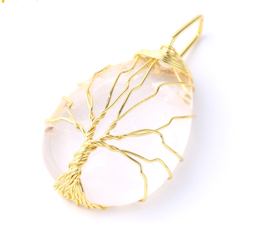 Natural Stone Pendant Gold Color Wire Wrap Gem - Minihomy