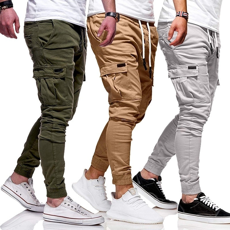 Casual Men Solid Color Multi Pocket Drawstring Ankle Tie Cargo Pants