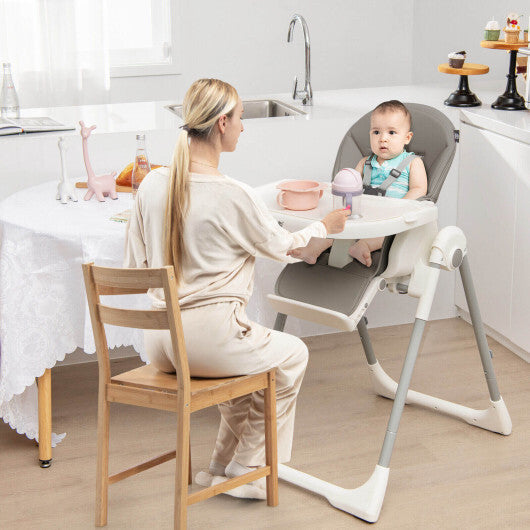 4-in-1 Foldable Baby High Chair with 7 Adjustable Heights and Free Toys Bar-Gray - Color: Gray - Minihomy