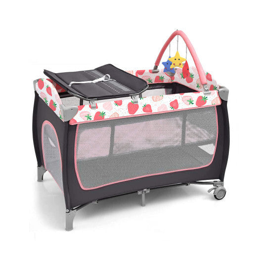 3-in-1 Portable Baby Playard with Zippered Door and Toy Bar - Color: Black & Red