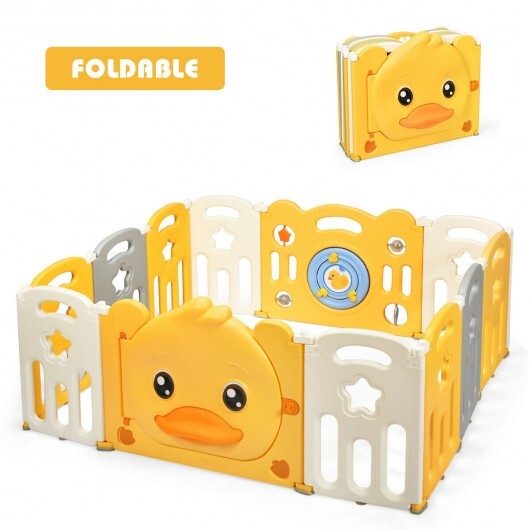 12-Panel Foldable Baby Playpen with Sound - Color: Yellow - Size: 12-Panel