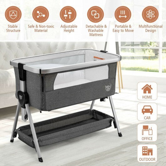 Baby Bed Side Crib Portable Adjustable Infant Travel Sleeper Bassinet-Dark Gray - Color: Dark Gray - Minihomy