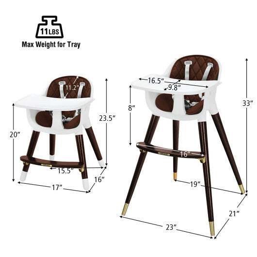 3-In-1 Adjustable Baby High Chair with Soft Seat Cushion for Toddlers-Brown - Color: Brown - Minihomy