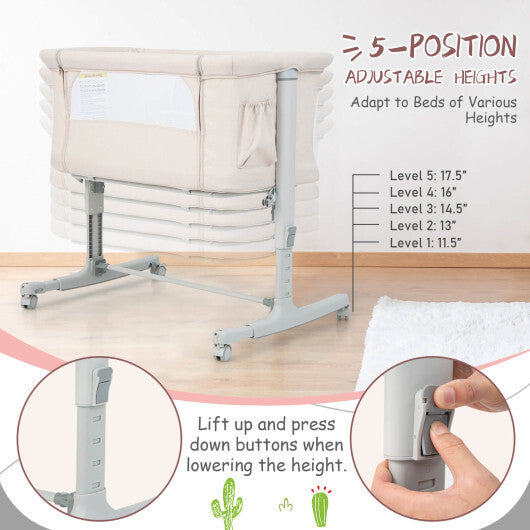 Portable Baby Bedside Bassinet with 5-level Adjustable Heights and Travel Bag-Beige - Color: Beige