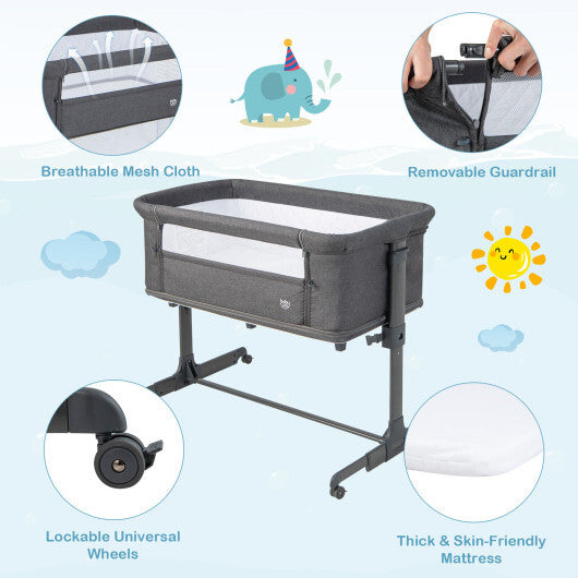 3-in-1 Foldable Baby Bedside Sleeper  with Mattress and 5 Adjustable Heights-Dark Gray - Color: Dark Gray - Minihomy