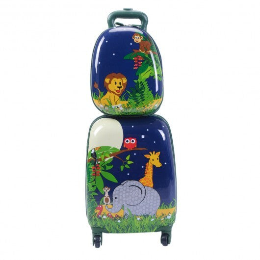 2 Pieces 12 Inch and 16 Inch Kids Carry on Suitcase Rolling Backpack School Luggage Set - Color: Dark Blue - Minihomy