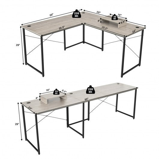 95 Inch 2-Person L-Shaped Long Reversible Computer Desk with Monitor Stand-Gray - Color: Gray - Minihomy