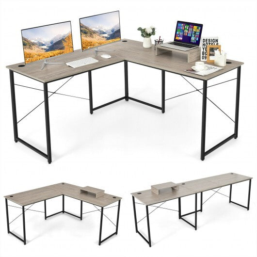 95 Inch 2-Person L-Shaped Long Reversible Computer Desk with Monitor Stand-Gray - Color: Gray - Minihomy