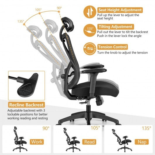 High Back Mesh Executive Chair with Adjustable Lumbar Support - Color: Black - Minihomy