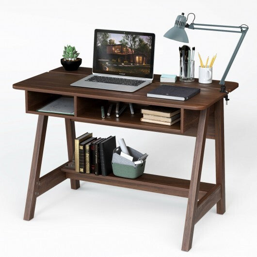 Mid Century Writing Desk with Storage Cubes and Hidden Compartment - Color: Rustic Brown - Minihomy