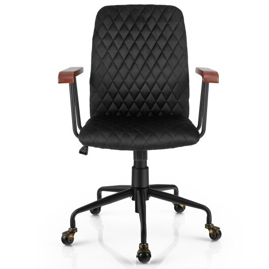 Velvet Home Office Chair with Wooden Armrest-Black - Color: Black