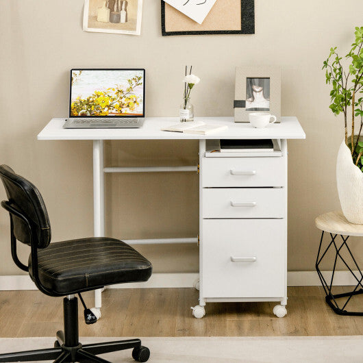 Home Office Folding Computer Laptop Desk Wheeled with 3 Drawers-White - Color: White - Minihomy