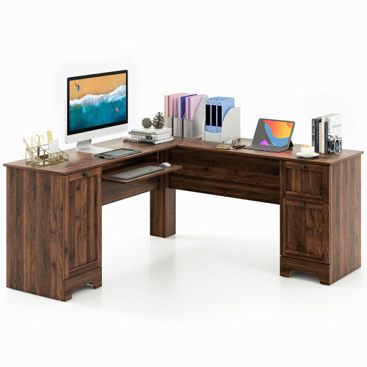 L-Shaped Office Desk with Storage Drawers and Keyboard Tray-Walnut - Color: Walnut - Minihomy