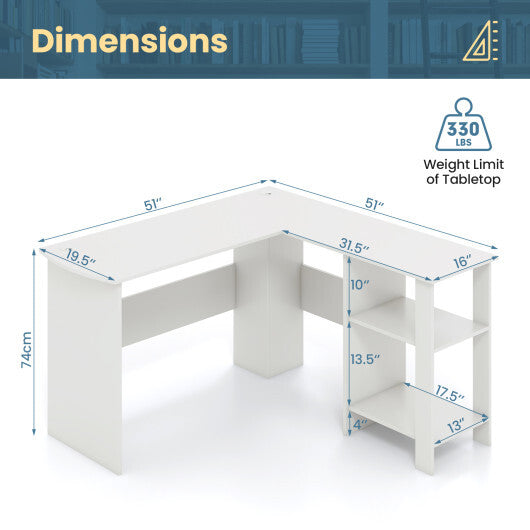 Large Modern L-shaped Computer Desk with 2 Cable Holes and 2 Storage Shelves-White - Color: White - Minihomy