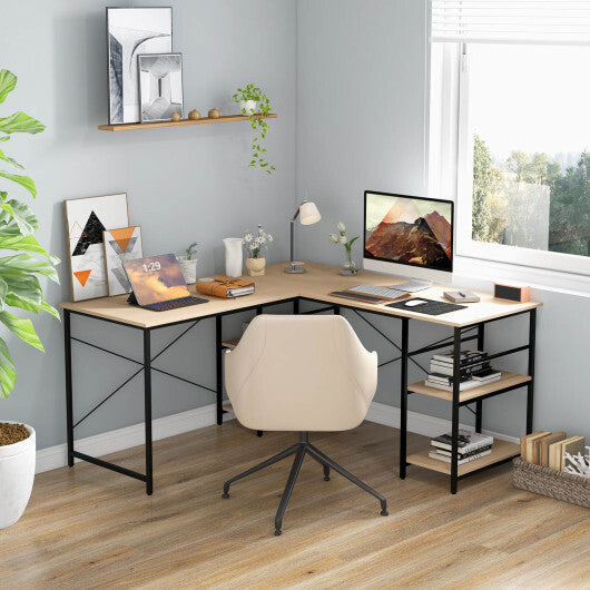 L Shaped Computer Desk with 4 Storage Shelves and Cable Holes-Natural - Color: Natural - Minihomy