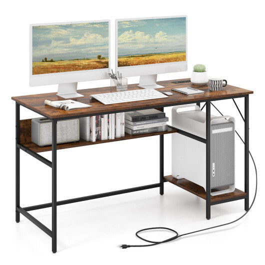 55 Inches Computer Desk with Charging Station-Brown - Color: Brown - Minihomy