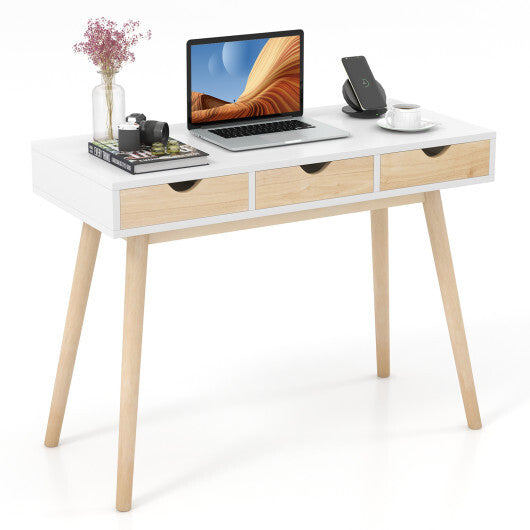 Computer Desk with 3 Drawers and Solid Rubber Wood Legs for Home Office - Color: Natural - Minihomy