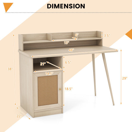 48 Inch Computer Desk with Hutch and PE Rattan Cabinet Shelves-Oak - Color: Oak - Minihomy