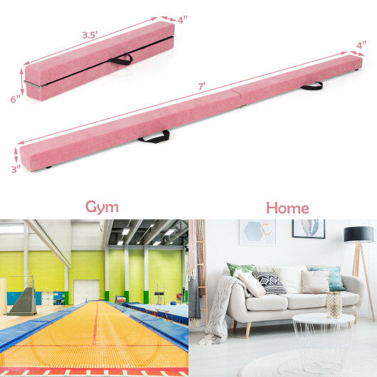 7 Feet Folding Portable Floor Balance Beam with Handles for Gymnasts-Pink - Color: Pink - Minihomy