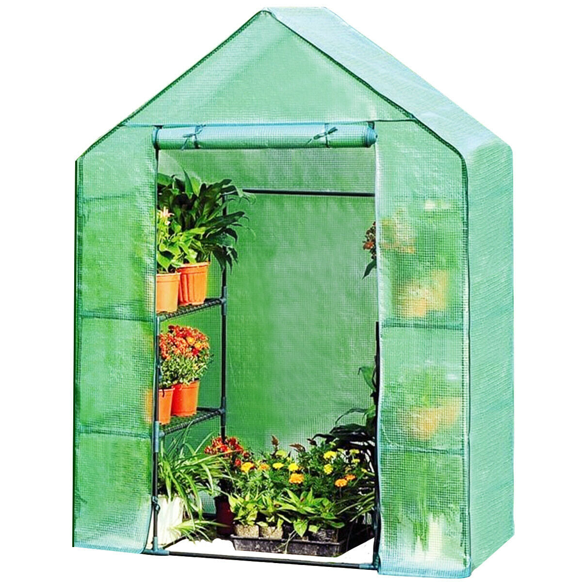 Portable 4 Tier Walk-in Plant Greenhouse with 8 Shelves - Color: Green - Minihomy