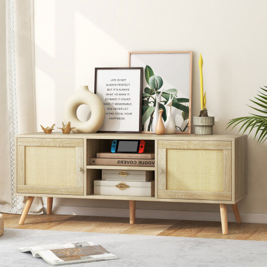 PE Rattan Media Console Table with 2 Cabinets and Open Shelves - Color: Natural - Minihomy