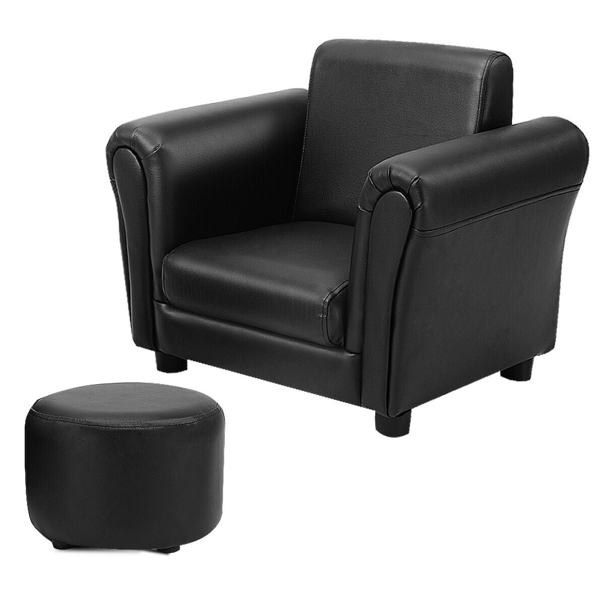 Black Kids Single Armrest Couch Sofa with Ottoman - Color: Black - Minihomy