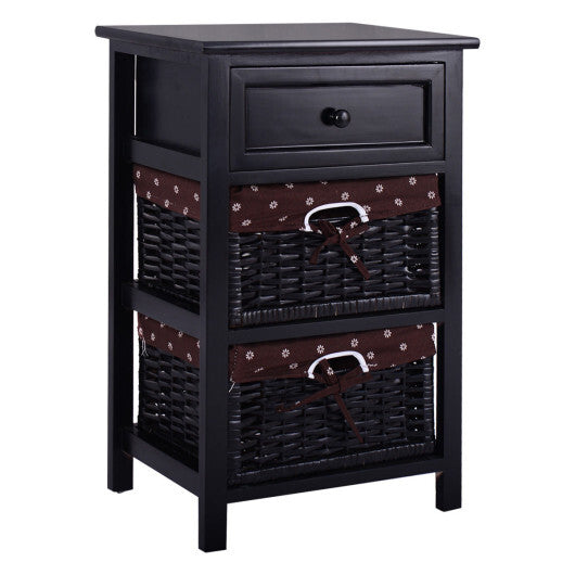 3 Tiers Wooden Storage Nightstand with 2 Baskets and 1 Drawer-black - Minihomy