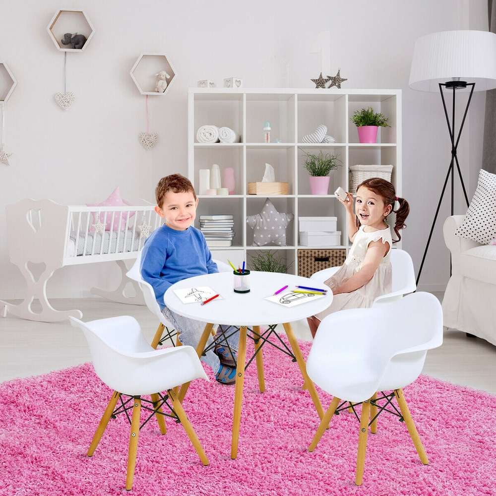 5 Piece Kids Modern Round Table Chair Set - Color: White - Minihomy