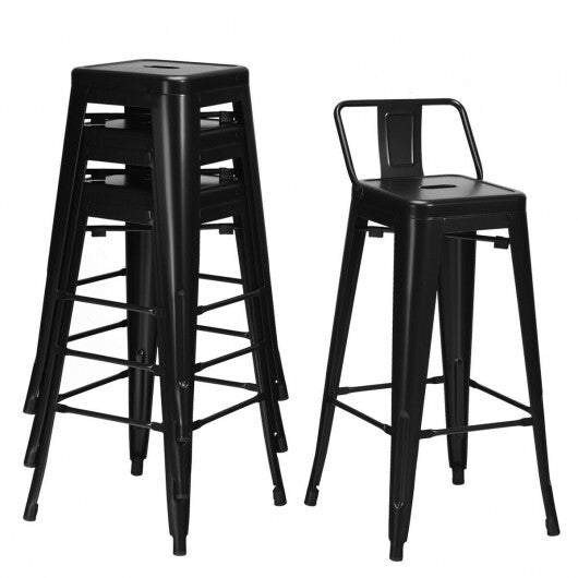 30 Inch Set of 4 Metal Counter Height Barstools with Low Back and Rubber Feet-Black - Minihomy