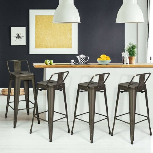 30 Inch Set of 4 Metal Counter Height Barstools with Low Back and Rubber Feet-Black - Minihomy