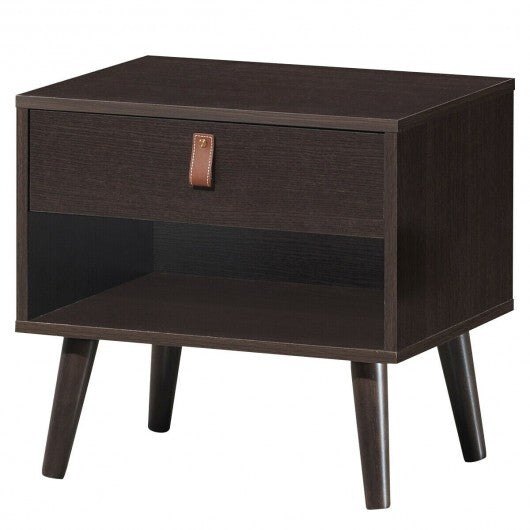 Nightstand Bedroom Table with Drawer Storage Shelf-Brown