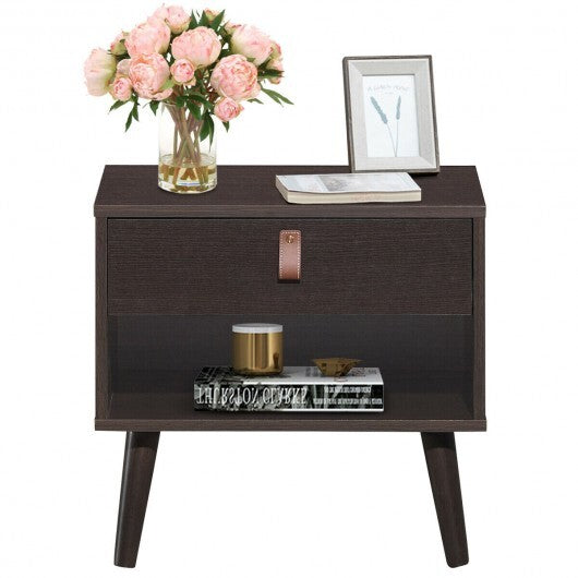 Nightstand Bedroom Table with Drawer Storage Shelf-Brown - Minihomy