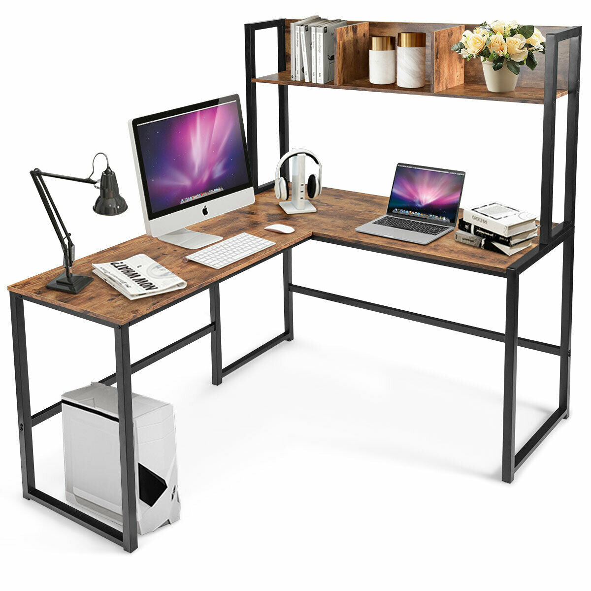 Reversible L-Shaped Corner Desk with Storage Bookshelf-Brown - Color: Brown