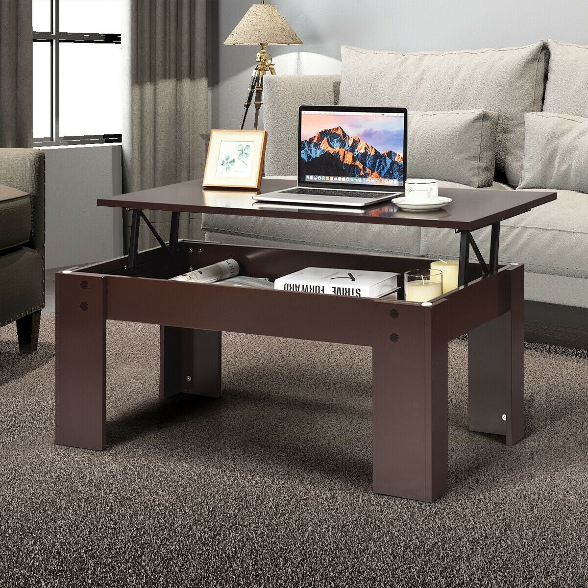 Lift Top Coffee Pop-UP Cocktail Table-Brown - Color: Brown - Minihomy