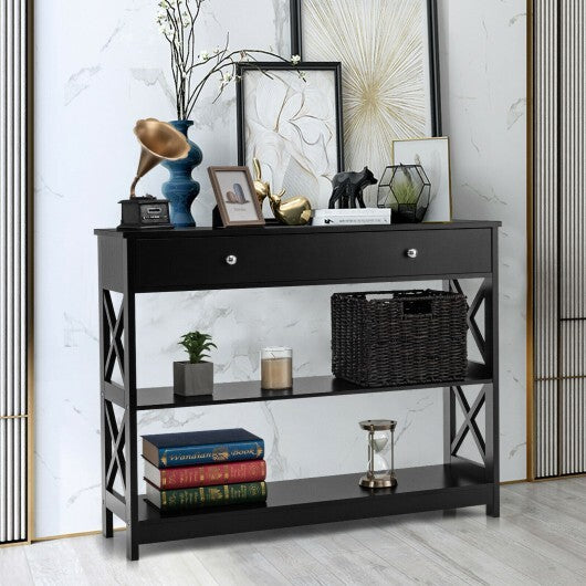 3-Tier Console Table with Drawers for Living Room Entryway-Black - Minihomy