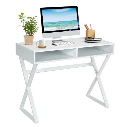 Modern Computer Desk Makeup Vanity Table with 2 Storage Compartments - Color: White - Minihomy