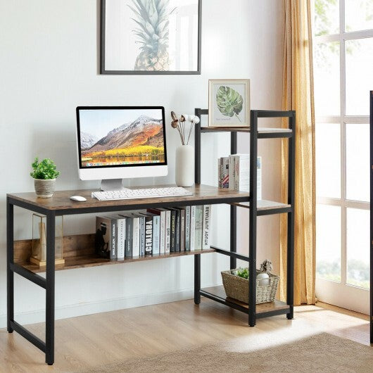 59-Inch Computer Desk Home Office Workstation 4-Tier Storage Shelves-Rustic Browm - Color: Rustic Brown - Minihomy