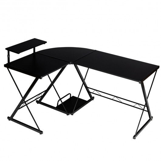 L-Shaped Desk Reversible Corner Computer Desk with Movable Shelf and CPU Stand-Black - Color: Black - Minihomy