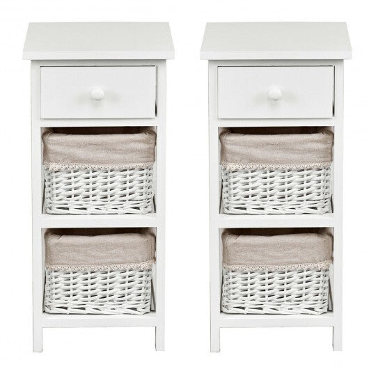 2 Pieces Bedroom Bedside End Table with Drawer Baskets-White - Minihomy