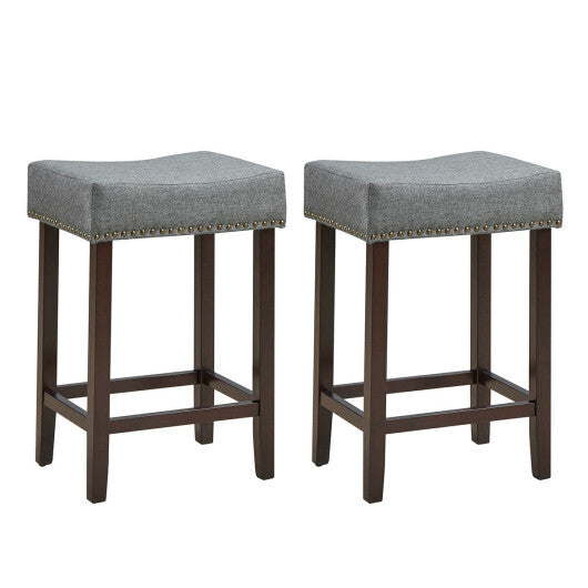 2 Pieces Nailhead Saddle Bar Stools with Fabric Seat and Wood Legs-Gray - Minihomy