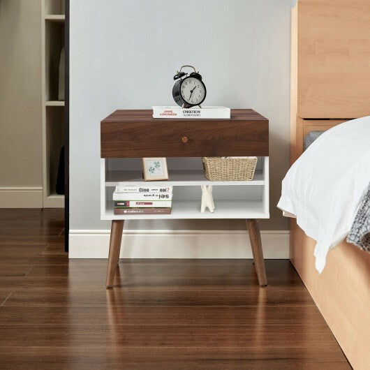 Mid-Century Nightstand with Drawer and Rubber Wood Legs