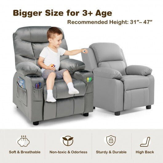 Kids PU Leather/Velvet Fabric Kids Recliner Chair with Cup Holders-Light Gray - Color: Light Gray - Minihomy