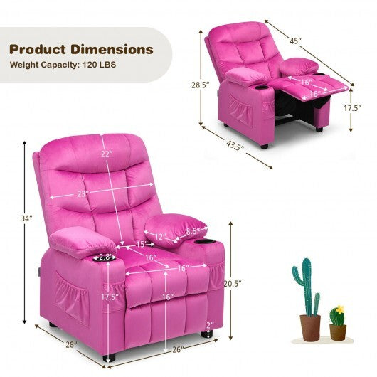 Kids PU Leather/Velvet Fabric Kids Recliner Chair with Cup Holders - Minihomy