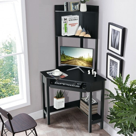 Corner Computer Desk with Hutch and Storage Shelves-Black - Color: Black - Minihomy