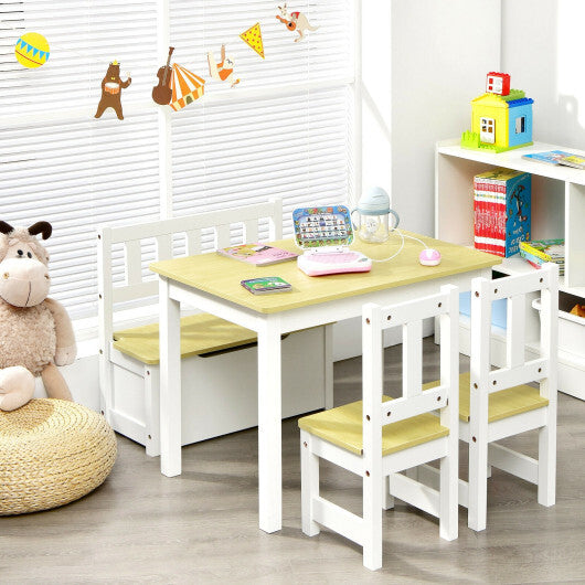 4 Pieces Kids Wooden Activity Table and Chairs Set with Storage Bench and Study Desk-Natural - Color: Natural