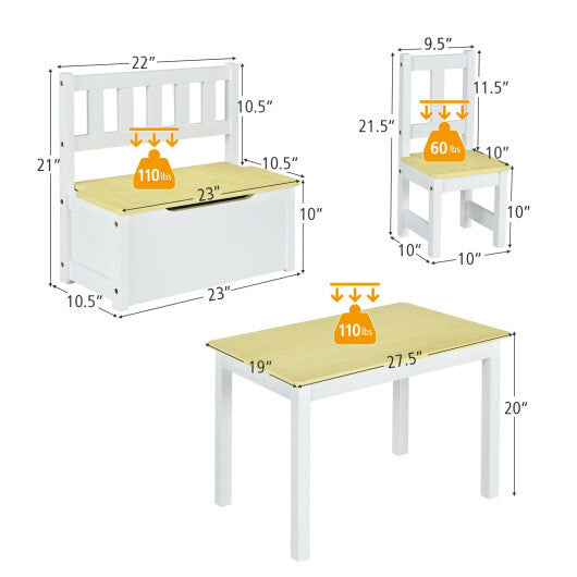 4 Pieces Kids Wooden Activity Table and Chairs Set with Storage Bench and Study Desk-Natural - Color: Natural - Minihomy