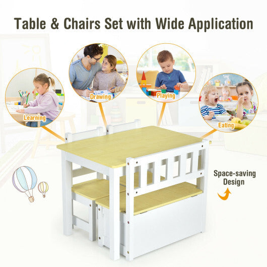 4 Pieces Kids Wooden Activity Table and Chairs Set with Storage Bench and Study Desk-Natural - Color: Natural - Minihomy