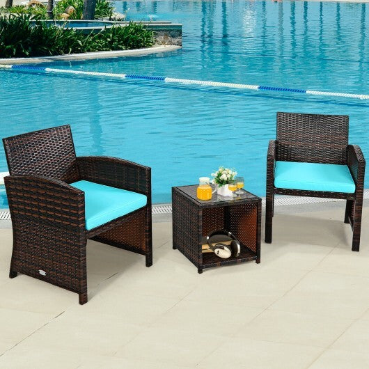 3 Pieces PE Rattan Wicker Furniture Set with Cushion Sofa Coffee Table for Garden-Turquoise - Color: Turquoise