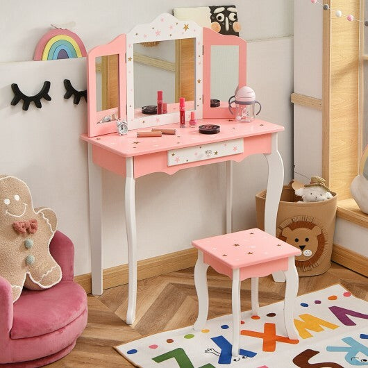 Kids Princess Vanity Table and Stool Set with Tri-folding Mirror and Drawer-Pink - Color: Pink