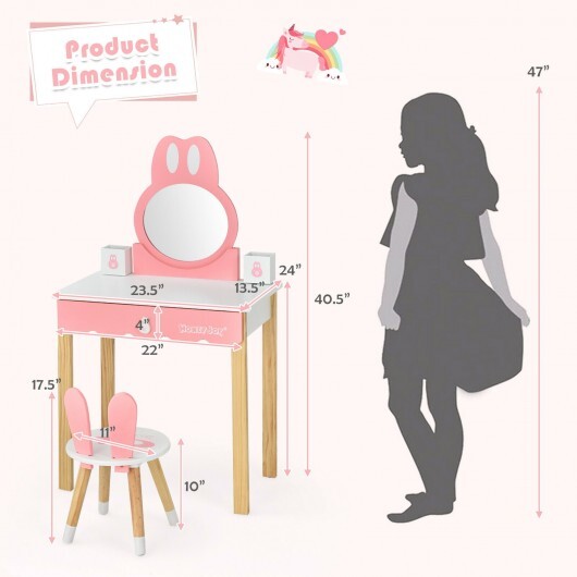 Kids Vanity Set Rabbit Makeup Dressing Table Chair Set with Mirror and Drawer-Pink - Minihomy